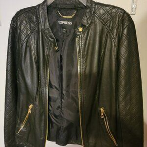 Express Faux Black Leather Jacket w/ Gold Accents/Zippers **Size L** DISCONTNUED